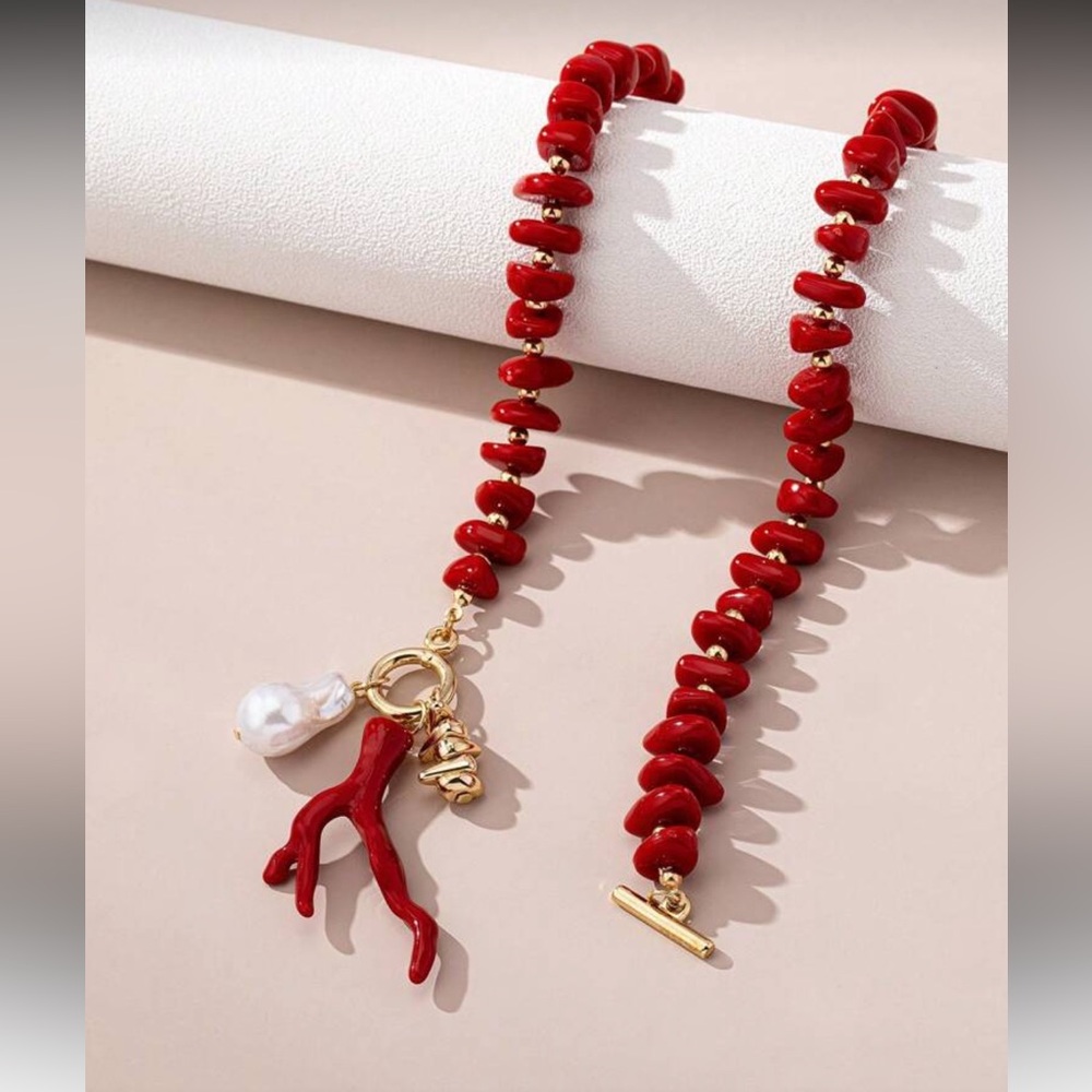 Anthropologie Red Beaded Necklace with Gold Toggle and Pearl Charm - Picture 3 of 5